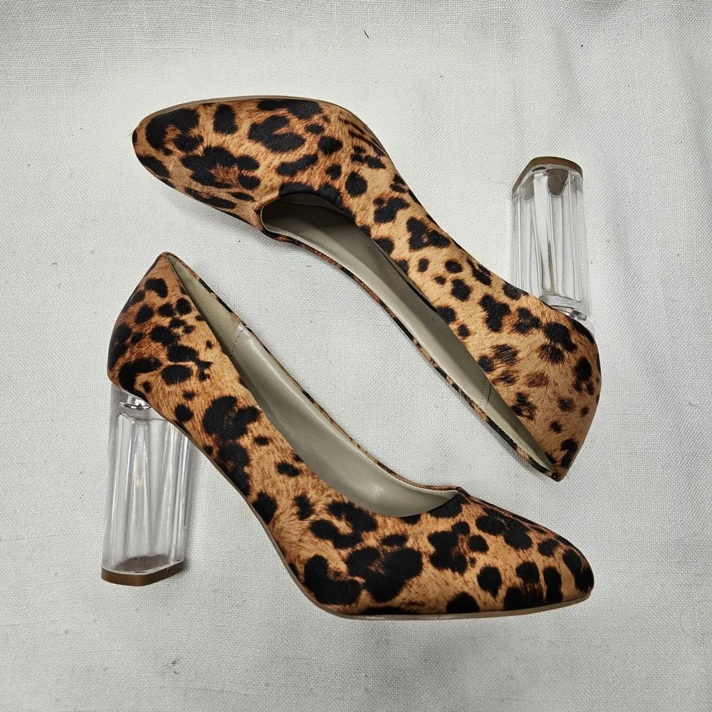Woolworths Pumps Womens 5 Tan Leopard Animal Print Lucite Clear Block Heel Shoes